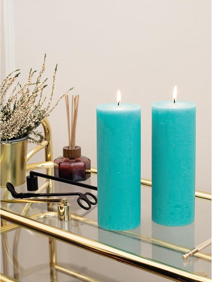 CANDWAX Turquoise Pillar Candles 3x8 Inch – Set of 2 Unscented Dripless Large Candles, Rustic Finish for Weddings, Home Decor, Events