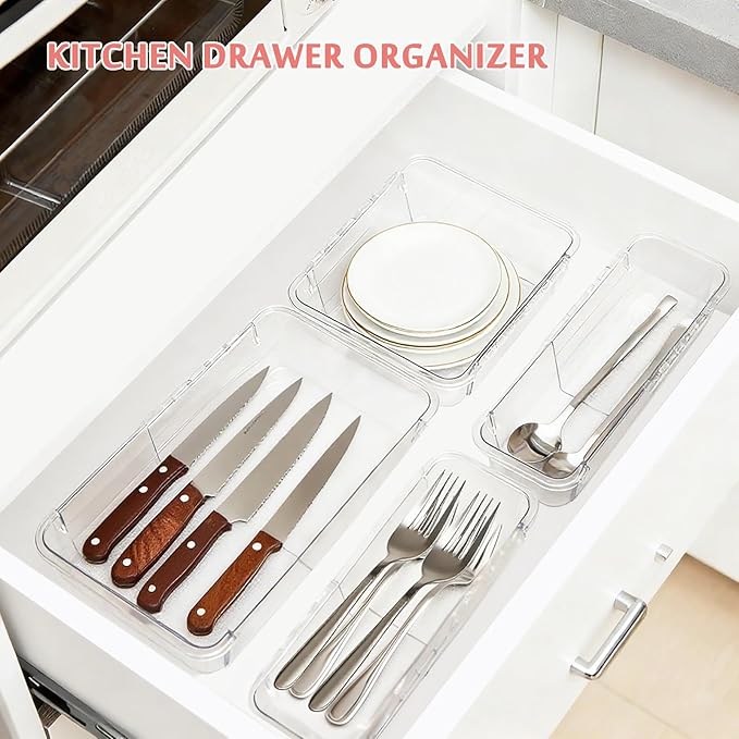 15 Pcs Extendable Drawer Organizer, 2 Sizes Adjustable Makeup Organizer For Drawer, Bathroom Drawer Organizer Tray, Clear Acrylic Vanity Storage Bin for Makeup, Cosmetic, Desk Drawer Organizer