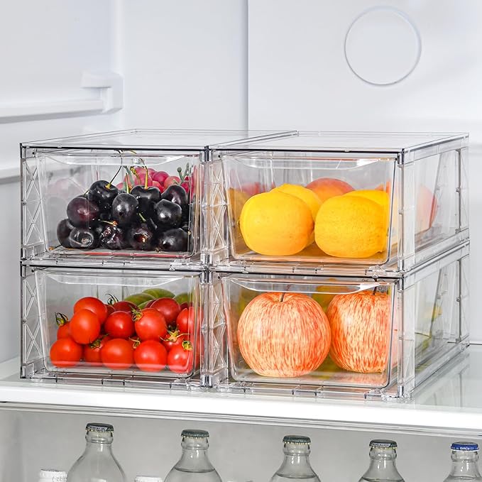 Clemate 4Pack Clear Stackable Kitchen Storage Organizer,Pantry Organizers and Storage,Foods Organizer Bins with Handles, Easily Assemble for Bathroom, Kitchen, Refrigerator, Pantry, Cabinet, Closet