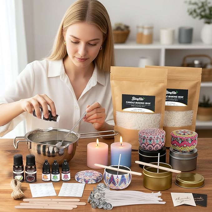 Blingfun 2LB Soy Wax Candle Making Kit,DIY Candle Making Supplies with Wicks, Stickers,Candle Jar, Melting Pot,Fragrances Oils & Dyes,Scented Candle Starter Full Kit for Adults (2LB)