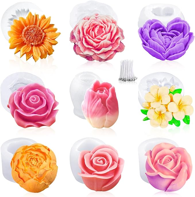 MGLIFEUL 9Pcs Rose Flower Tulip Peony Heart Candle Soap Wax Mold Valentine Day Silicone for Small Butter Candles Chocolate Making Molds Silicones Shapes Moldes De Rosas Silicona para Velas