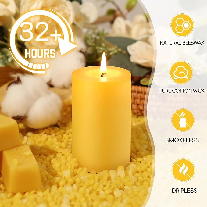 Natural Beeswax Pillar Candles, 2x3in Organic Pillar Candles-128 Hours Pure Beeswax Candles Long Burning Time Smokeless Dripless Bees Wax Candle for Home Paryer Relax, 4 Packs