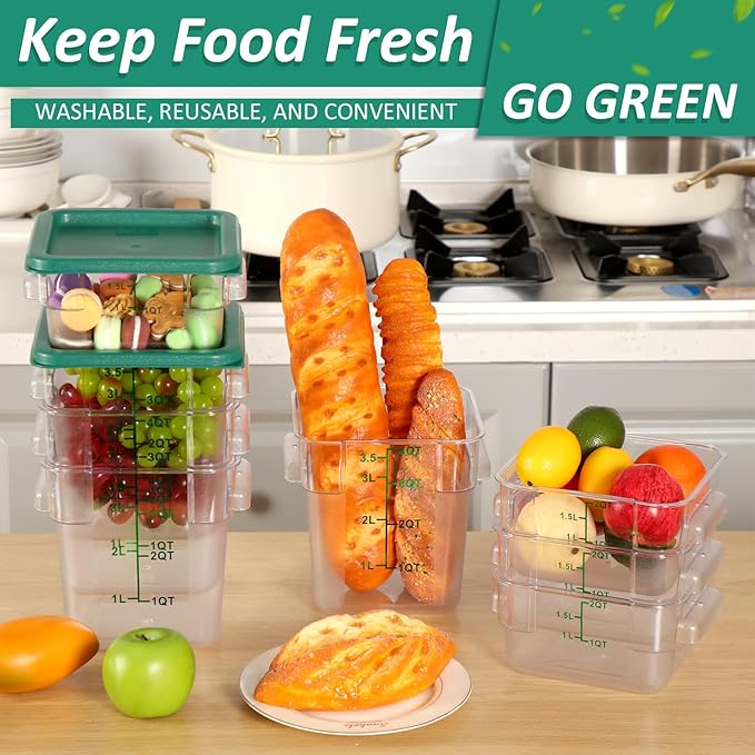 Yungyan 16 Pcs Restaurant Food Storage Containers with Lids Set 2Qt and 4Qt Commercial Restaurant Square Storage Containers Clear Food Cereal Container for Kitchen Freezer (Green Lids)