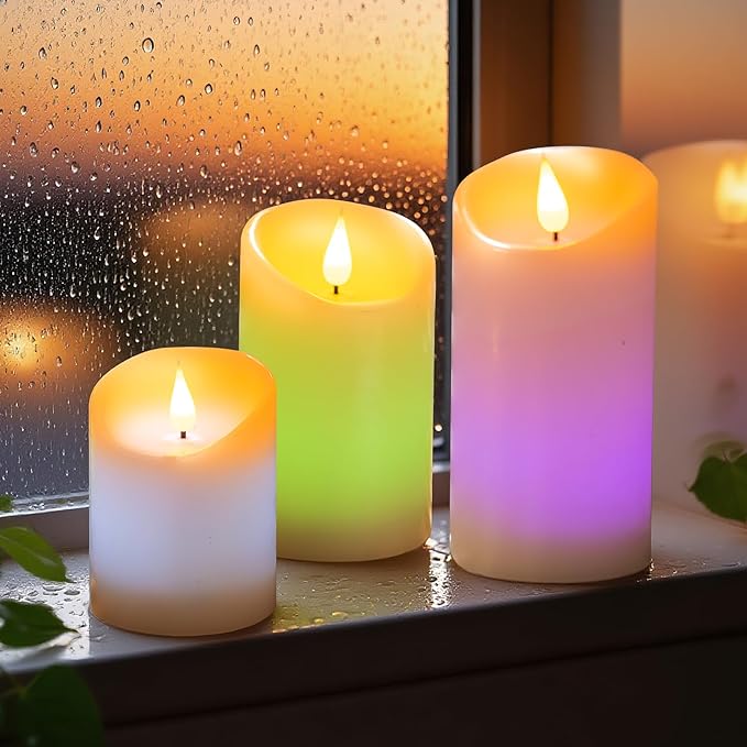 Rechargeable Colored Candles with Remote - LED Pillar Candles with USB Charging Cable, 3D Realistic Flame, Real Wax Flameless Candles for Christmas Decor and Romantic Home Decor – 4" 5" 6" H, 2.95" D
