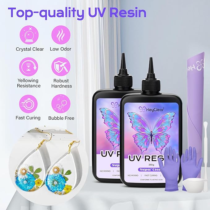 HeyClear 500g UV Resin kit -Crystal Clear, Hard Premixed UV Epoxy Resina para Manualidades Fast Curing with Silicone Mat for Beginners Jewelry Making, DIY Crafts Art, Casting Coating 250g x 2