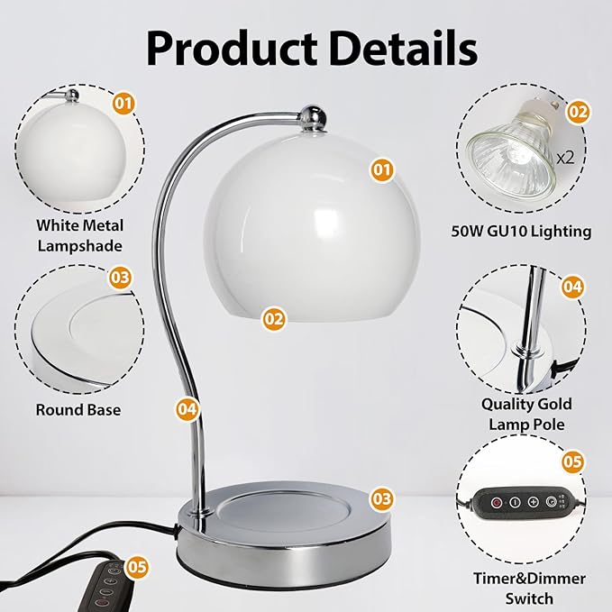 Candle Warmer Lamp with Timer and Dimmer Adjustable Height,Electric Wax Melt Warmer with 2 Bulbs for Scented Jar Candles Bedroom Home Decor Gifts(White)
