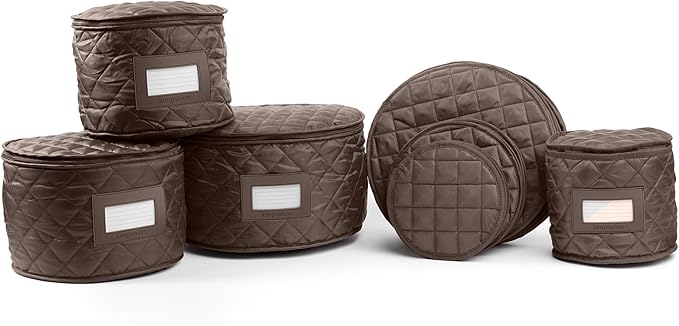 Covermates Keepsakes Dish Storage Set – Padded China & Dinnerware Storage Cases with Dividers, Cup & Stemware Storage, Quilted Polyester Protection, ID Window, Bronze