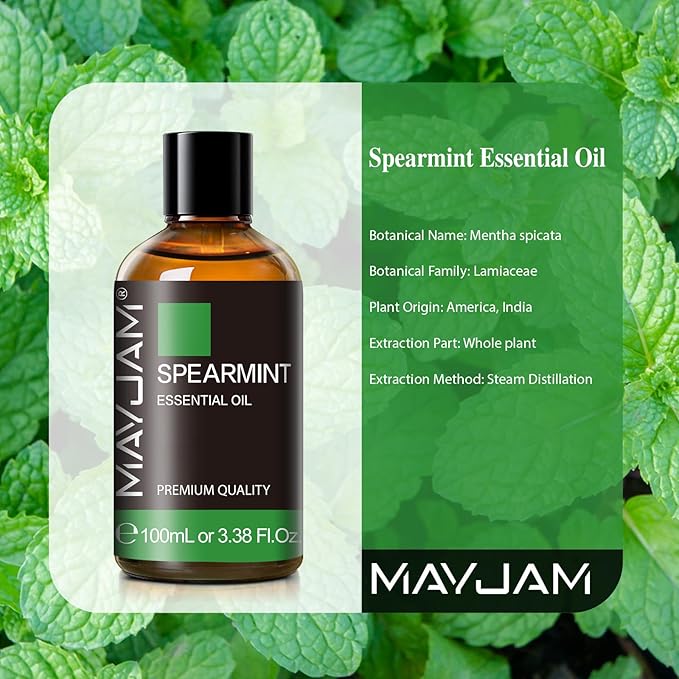 Spearmint Essential Oil, MAYJAM Pure Essential Oils for Diffusers, 3.38FL.OZ/100ML Large Volume Spearmint Oil for Facial Hair with Premium Glass Dropper