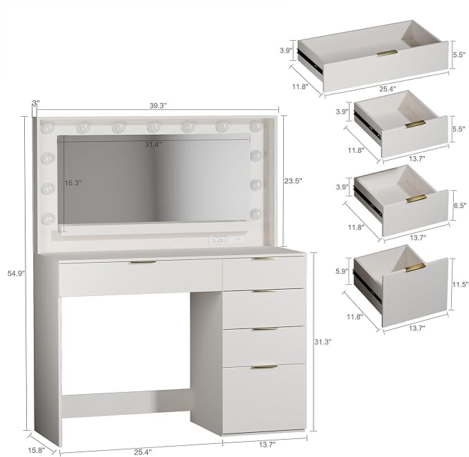 ALEXNUTRE Vanity Desk with Mirror and Lights, Makeup Vanity with Large Mirror & 13 Lights, White Vanity with 5 Drawers, 3 Lighting Modes Adjustable, Vanity Desk with Power Outlet for Bedroom