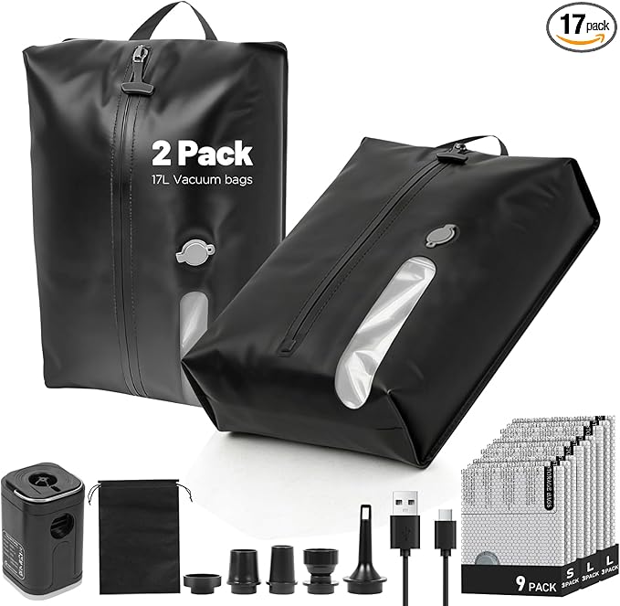 11-Pack Travel Vacuum Bags with Pump, 2×17L TPU IP67 Waterproof Vacuum Seal Bags + 9 PA&PE Compression Bags (S/M/L) for Carry-On, Light Travel, Backpacks & Home Storage