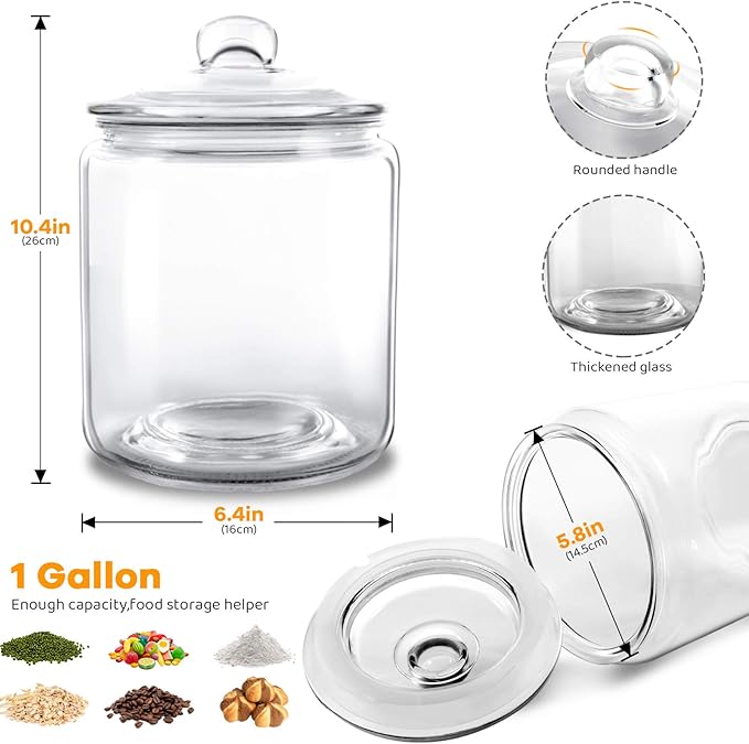Airtight Glass Jar,Cookie Candy Penny Jar with Leak Proof Rubber Gasket Lid,1 Gallon Clear Round Big Household Multifunctional Storage Container with Silicone Reusable Food Bag for Cookies, Candies