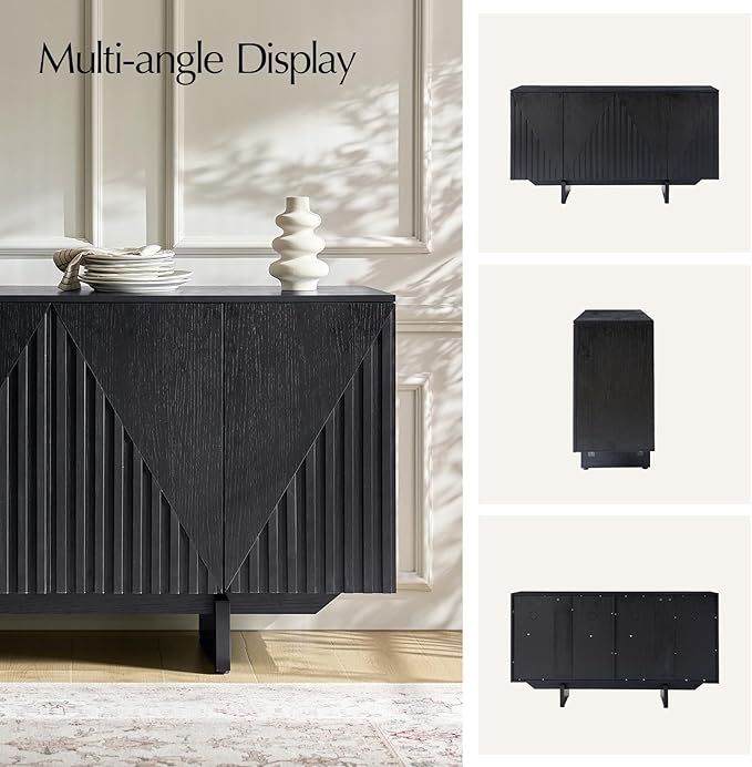 HULALA HOME Mid Century Modern Solid Wood Sideboard with Triangle, 4 Door Fluted Buffet Cabinet with Storage, 58" Sideboard Cabinet with Adjustable Shelves, Black