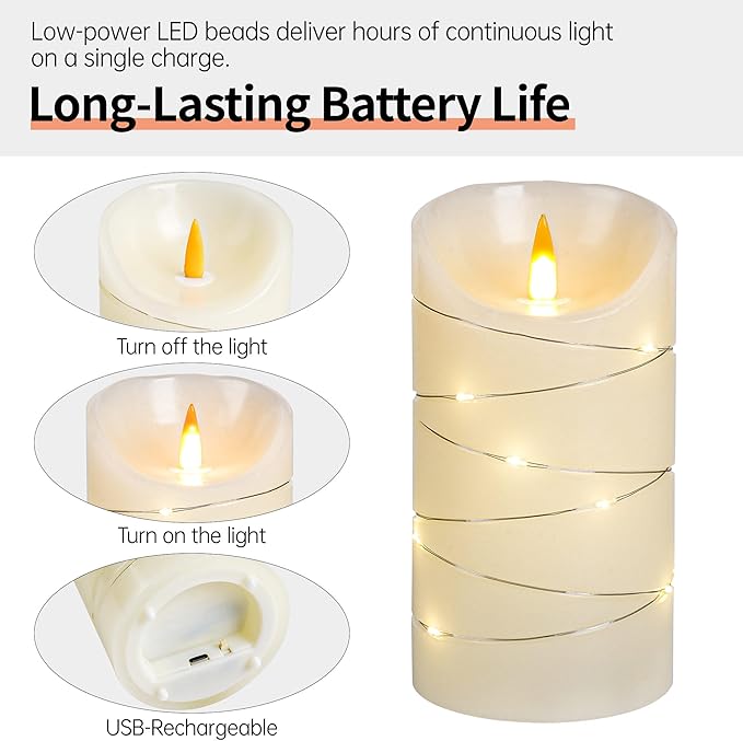 HaitanghuaRechargeable Flickering Candles with String Lights, Remote Control, 2/4/6/8-hour Timer Function, USB Rechargeable Real Wax LED Candles, (4/5/6 inch) Ivory Color, Three-piece Set.
