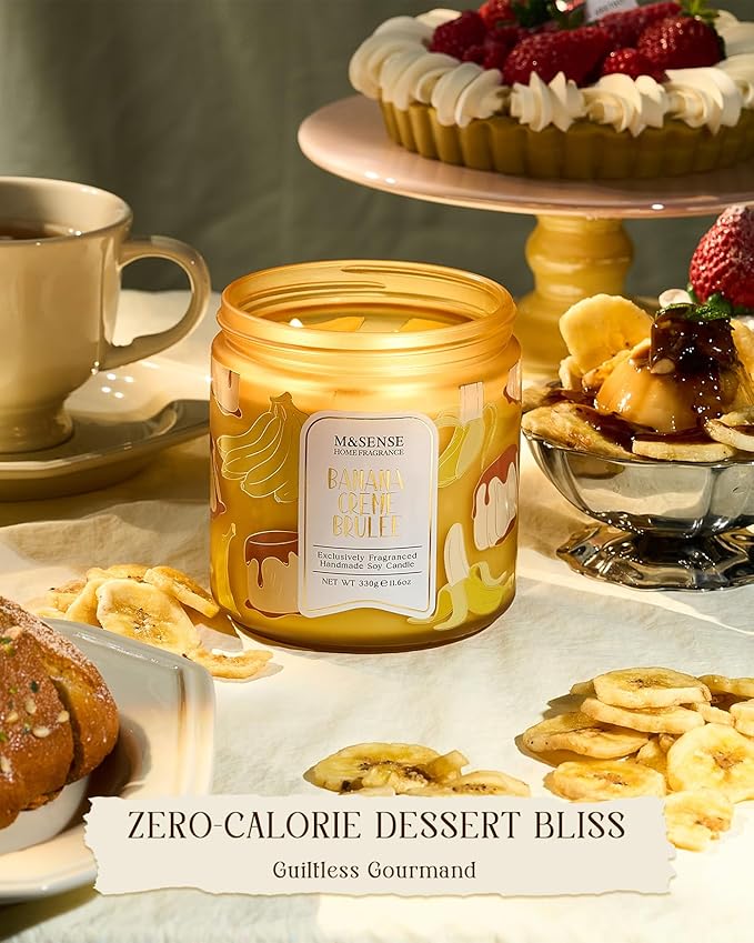 M&SENSE Banana Crème Brûlée Scented Candle, 11.6oz Natural Soy Wax, 70 Hours Long Lasting Clean Burn, Holiday Jar Candle for Home Decor, Non-Toxic Relaxing Aromatherapy Gifts for Women