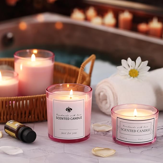 sunnyfuture 16 Pack Pink Candle Jars, 8pcs 7oz + 8pcs 4oz Candle Jars for Making Candles with Wooden Lids and Labels for DIY, Gifts, Home