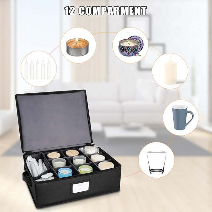 Fireproof Candle Storage Organizer Box (Set of 2) with Dividers, Tissue Paper and Ziplock Bags Protects 12 Aromatherapy Candles, Jar Candles, Taper Candles, Pillar Candles, Tealight Candle and Candles