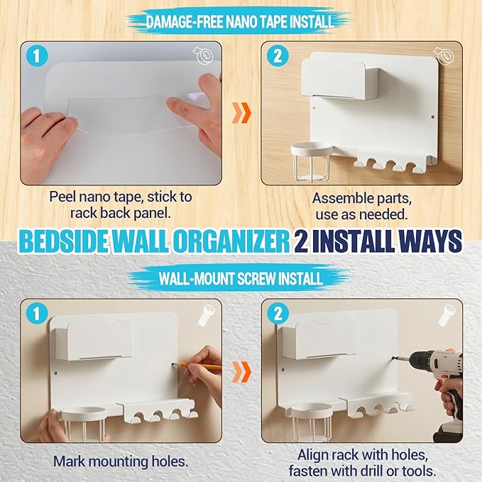 Floating Bedside Shelf & Bedside Wall Organizer, Metal with Detachable Cup Holder, No-Drill Wall Mounted Storage for Bedroom, Dorm, Teen Girls Room, Loft Bed, RV, Bunk Bed & Small Space Organization