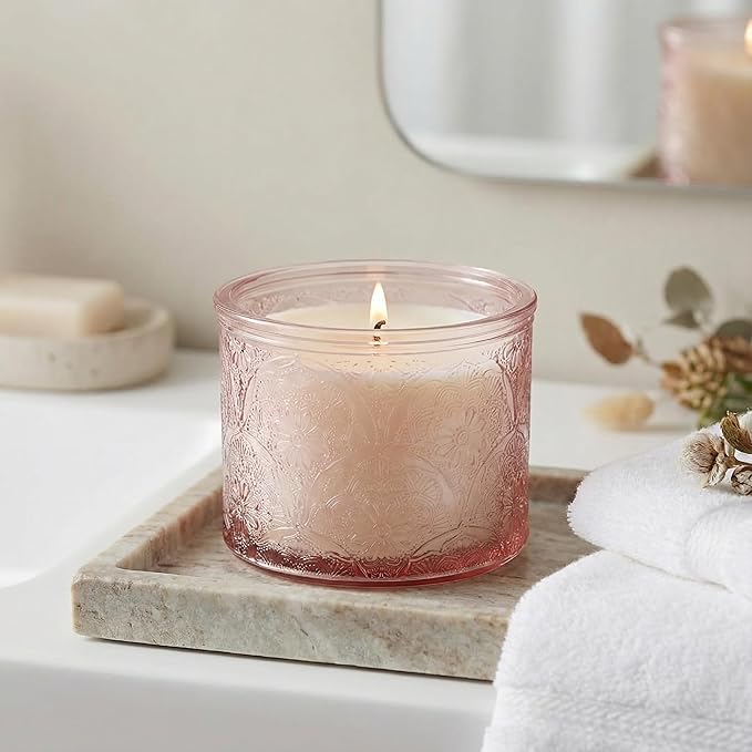 10 oz Embossed Glass Candle Container with Bamboo Lids and Labels,Pink Candle Jars for Making Candles,Mandala Design - Pack of 9