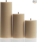 LAWA Roman Handmade Tall Ribbed Pillar Candle - Beautiful Scented Soy Wax Dinner Candle | Classic Aesthetic Decoration Set | Housewarming Gift | Home Room Shelf Decor Idea - Moon Gray (Set of 3)