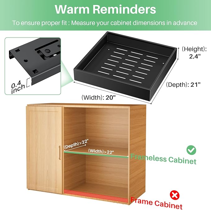 Pull out Cabinet Organizer, 21"Deep, 20"Wide Full-Extension Heavy Duty Slide out Drawers with Nano Adhesive, Roll Out Shelves Sliding Cabinet for Kitchen, Bathroom, Pantry, Under Sink Storage(Black)