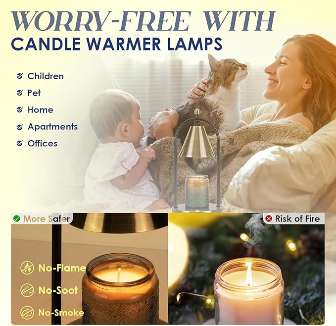 Soilsiu Candle Warmer Lamp with Timer, Electric Brass Light for Dimmable Wax Melts and Candle Jars, Bedroom Lamp Gifts for Women Home Decor (2 Bulbs)