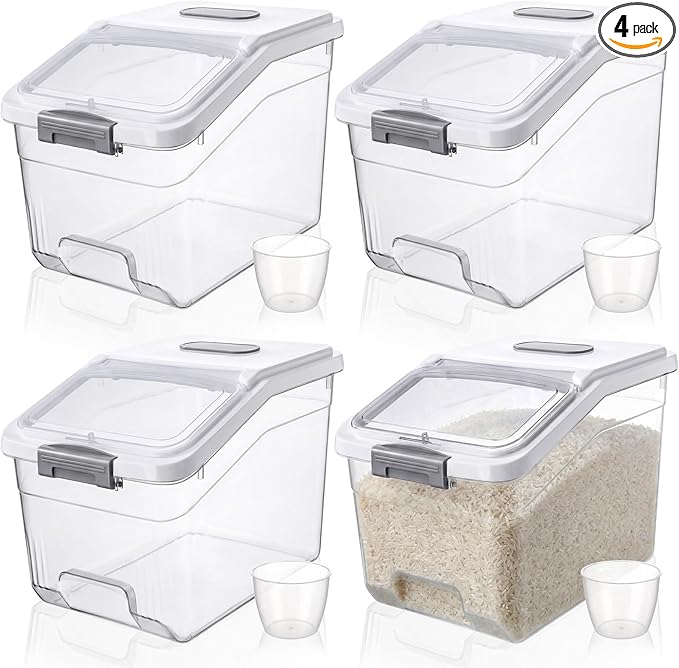 4 Pack Large Rice Storage Containers 30 Lbs Airtight Flour Container with Seal Locking Lid and Measuring Cup Kitchen Dry Food Storage Bins for Cereal Sugar Beans(Transparent and White)