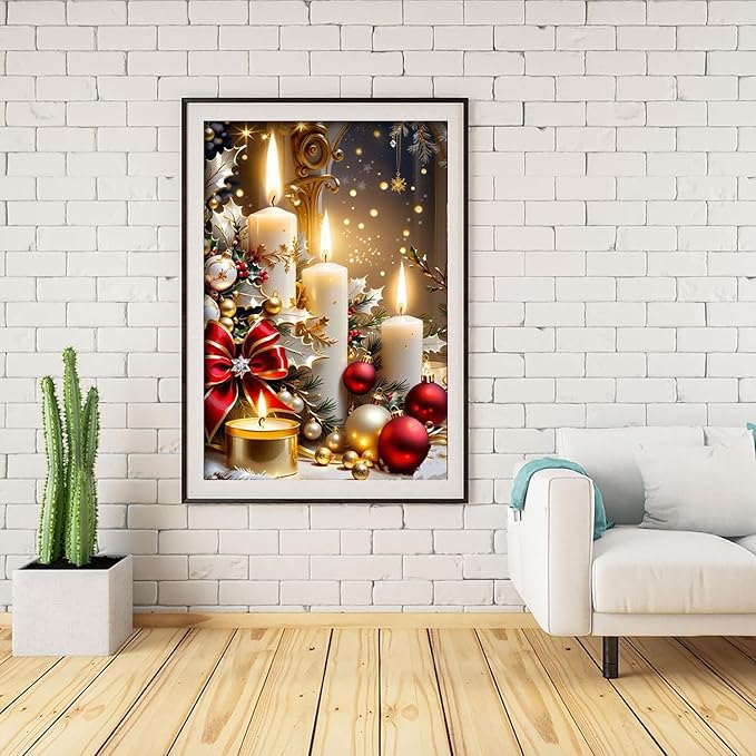 Mrnsiet Christmas Diamond Painting Kits for Adults, Christmas Candles Diamond Art for Beginners, 5D Round Full Drill Winter Diamond Painting Gem Art Kits for Home Wall Decor 12x16inch