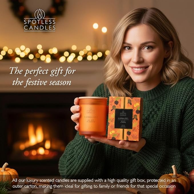 Pumpkin Spice Candle 9.7 oz: 55 Hrs Burn Time - Pumpkin Spice Scented Candles in Frosted Glass Jar with Wooden Crackling Wick in a Luxurious Gold Foil Lined Gift Box