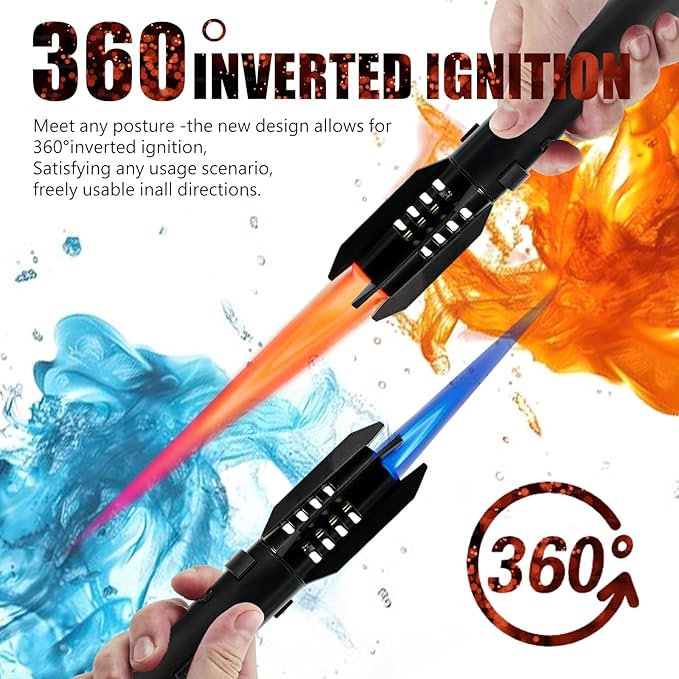 Camping Lighter, Torch Lighter, Straight Flame Bright Fire Refillable Windproof Adjustable Color with Safety Lock for Campfires Kitchen Hiking Candles Fireplace BBQ Outdoor Essentials (Black)