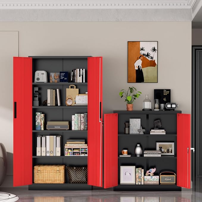 Superday Metal Storage Cabinets, 71" Storage Cabinet with Locking Door, Tall Garage Cabinet with 2 Doors and 4 Adjustable Shelves for Home Office, Classroom, Easy Assemble(Black Red)