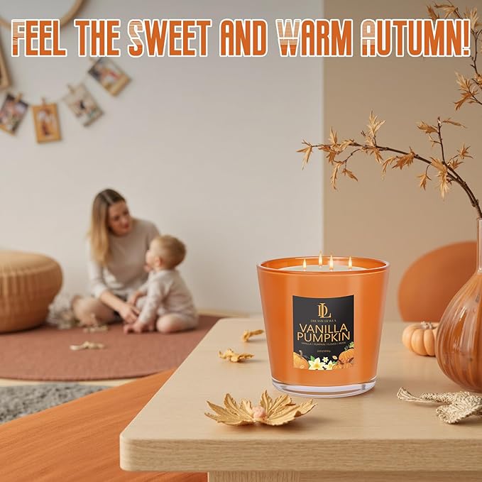 Large Candle Vanilla Pumpkin Scented, 4 Wick Natural Soy Candles for Home Scented, 30oz Big Candle Long Lasting, Home Aromatherapy Candles Housewarming Gift for Women Men