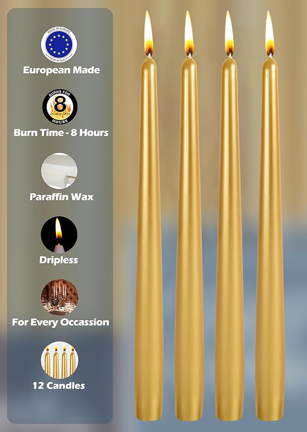 Hyoola Tall Taper Candles - 10 Inch Metallic Gold Dripless, Unscented Dinner Candle - Paraffin Wax with Cotton Wicks - 8 Hour Burn Time (Pack of 12)