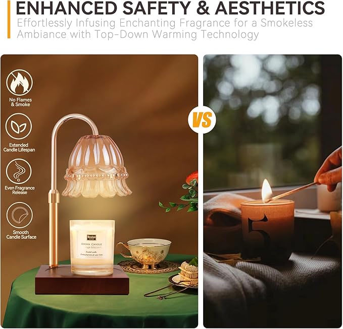 TOACSUCP Candle Warmer Lamp with 3 Bulbs, Adjustable Height Dimmable Candle Warmer with Timer, Compatible with Large Jar Candles, Flower Candle Warmer with Charming Gift Box Ribbon(Light Brown)