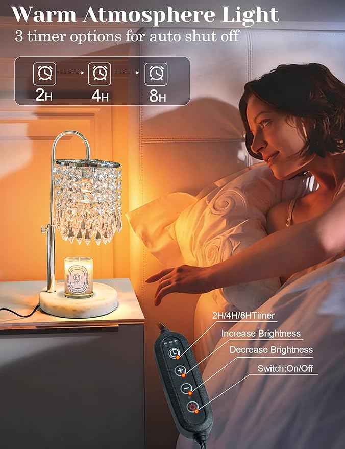 Candle Warmer Lamp with Timer Dimmable, Birthday Gifts for Women, Wax Melt Warmer for House Warming Gifts New Home Decor, Adjustable Height Crystal Candle Lamp for Jar Candles with 3 Bulbs, Silver