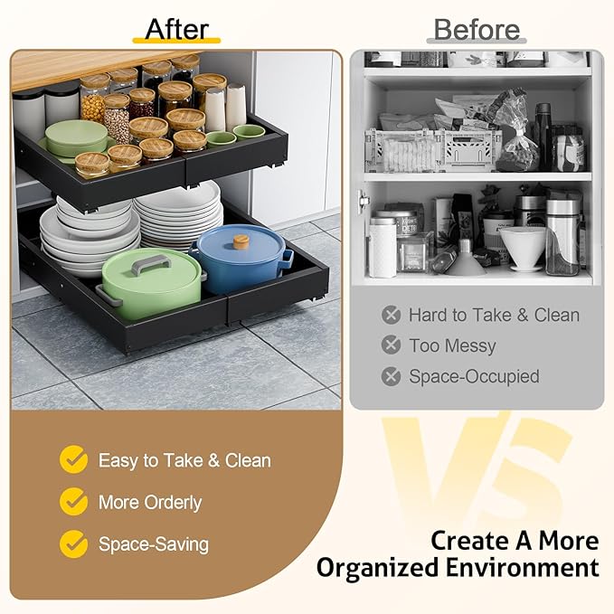 Upgrade 2 Pack Pull Out Cabinet Organizer, Expandable Width (11.4"-18.9") Depth (16.3"-21.7") Pull out Drawers for Cabinets with 3 Rails, No Drill Adhesive Film or Nail Slide out Drawers for Kitchen