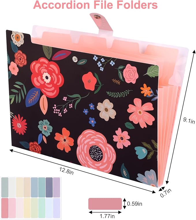 EOOUT 6pcs Expanding File Folders with 5 Pockets, Floral Accordion Folders for Documents, A4 Letter Size Plastic File Organizer with Snap Button for School and Office Supplies