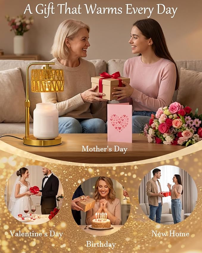 Candle Warmer Lamp with Timer, Dimmable Candle Warmer for Jar Candles, Height Adjustable Candle Lamp Warmer, Boho Rattan Lampshade and 2 Bulbs, Gift for Home Room Decor, Gifts for Women Mom (Gold)