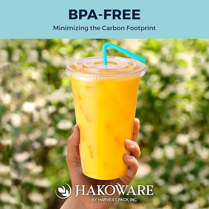 [1000 SET]HAKOWARE by Harvest Pack 20 oz Ultra Clear Plastic Cold Cups with Flat Lids, Disposable Wedding Party Drinking Cups Tumblers, Iced Coffee Beer Juice Cold Beverage