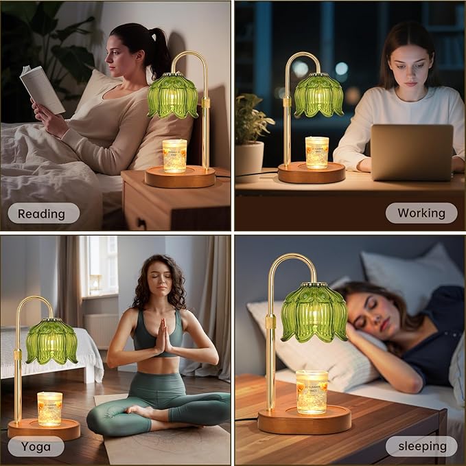 Flower Candle Warmer Lamp for Jar Candles with Timer & Dimmer, Adjustable Height Fits Large Jars up to 7.08" Tall, Flameless Wax Warmer, Cozy Bedroom Home Decor, Gift for Mom Women (Flower lamp-Green)