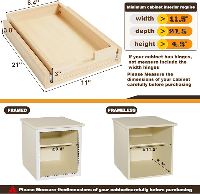 Pull Out Cabinet Organizer, 11''W×21''D Sliding Drawers for Cabinets, Soft Close Slide Out Wooden Pull out Drawers, Base Cabinet Organization for Kitchen, Pantry, Bathroom
