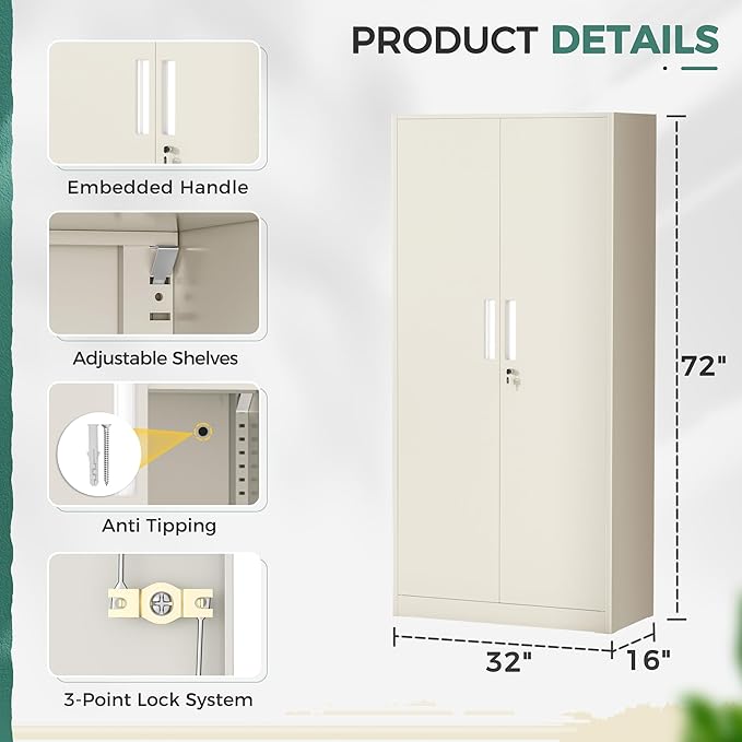 Greenvelly Metal Garage Storage Cabinet, 72” Locking Steel Garage Cabinet with 2 Doors and 4 Shelves, Tool Cabinets, Metal File Cabinet for Home Office, Basement, Classroom, Grey(32" ×16")