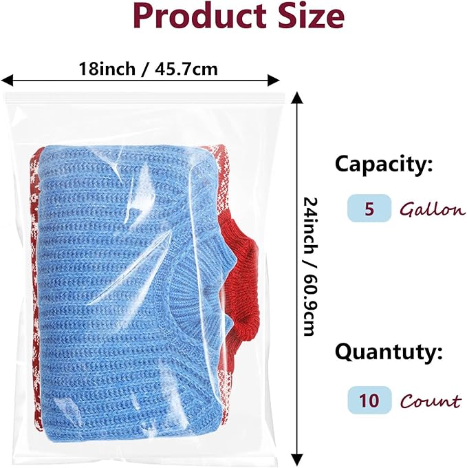 Large Plastic Bags With Zipper Top,5 Gallon,18" x 24",10 Pack,Extra Large Storage Packaging for Clothes,Travel, Moving, Large Reusable Bags,Heavy-Duty,BPA-Free, 2.36-mil Thick Clear
