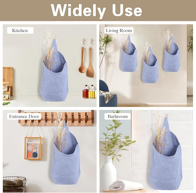 100% Linen Hanging Bags - 2 Pcs, Small Wall Storage Baskets for Kitchen, Bedroom, RV, Camper Organizer, Sewing Room, Nursery, Kids Room, Blue
