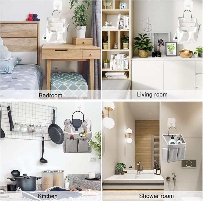 4 Pack Wall Hanging Storage Bag Fabric Hanging Bag Organizer with 4 Pockets, Wall File Organizer with 8 PCS Sticky Hooks for Bathroom Dormitory Office Rv Storage and Organization (2 White+2 grey)