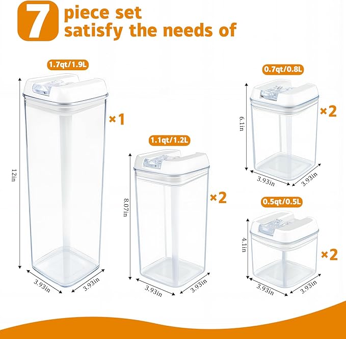 Airtight Food Storage Containers with Lids 7 pcs Plastic Kitchen and Pantry Organization Canisters for Cereal, BPA Free Kitchen Canisters for Spaghetti, Pasta, Dry Food, Flour and Sugar