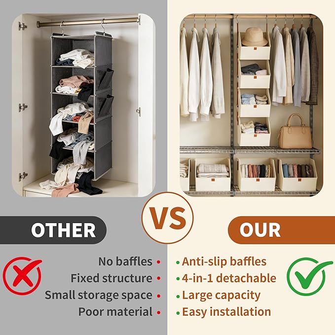Hanging Closet Organizer 4 Tier, Clothes Hanging Shelves with Foldable Storage Baskets, Space-Saving Closet System for Bedroom, Home, Dorm, RV, Hat, Bags, Shoes