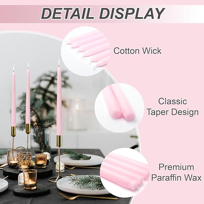 Pink Taper Candles 10-Inch - Pink Candlesticks 12 Pack Dripless Tapered Candle Unscented Tall Smokeless 8 Hours Long Burning Candle Sticks Paraffin Wax for Weddings Valentine’s Day Dinner