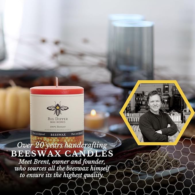 Big Dipper Wax Works Pumpkin Orange Beeswax Pillar Candle, 100% Pure Beeswax, Hand-Poured, 60-Hour Clean Burn, Non-Toxic & Eco-Friendly, Cozy Fall Home Décor & Thanksgiving Centerpiece, 3" x 3.5"