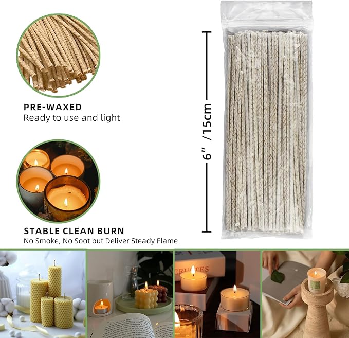 Pansyling 50pcs 6" Natural Candle Wicks for Candle Making, Pre-Waxed Cotton Wicks DIY Candle Making Kits, Smoke-Free, Long-Burning, Cut to Fit Any Candle Containers