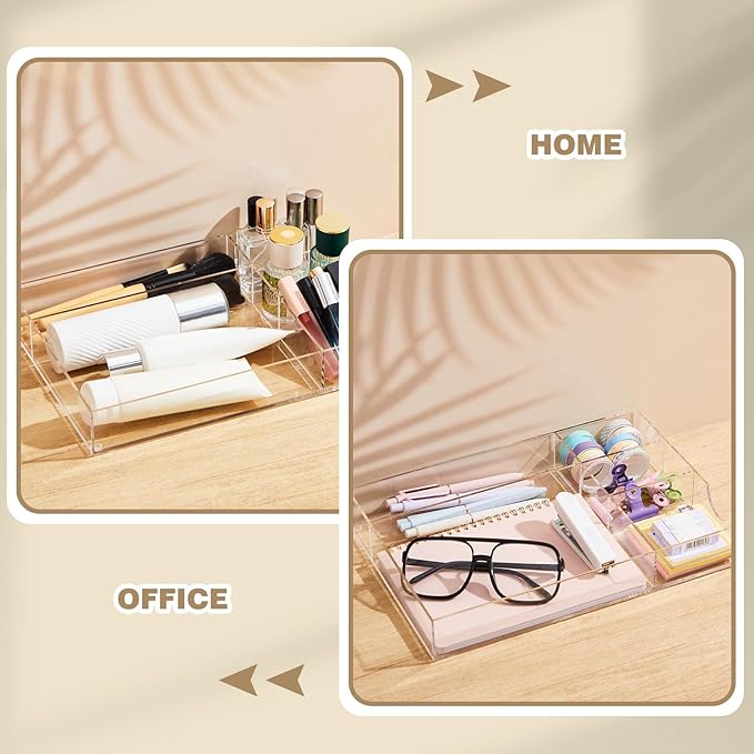 Briwooody Acrylic Desk Drawer Organizer 12.2 x 8.27 x 1.77 Inch Storage Tray Organizer for Pens, Stationery, Desktop, Office, Bathroom, Kitchen, Makeup Supplies(5 Compartments, Clear)